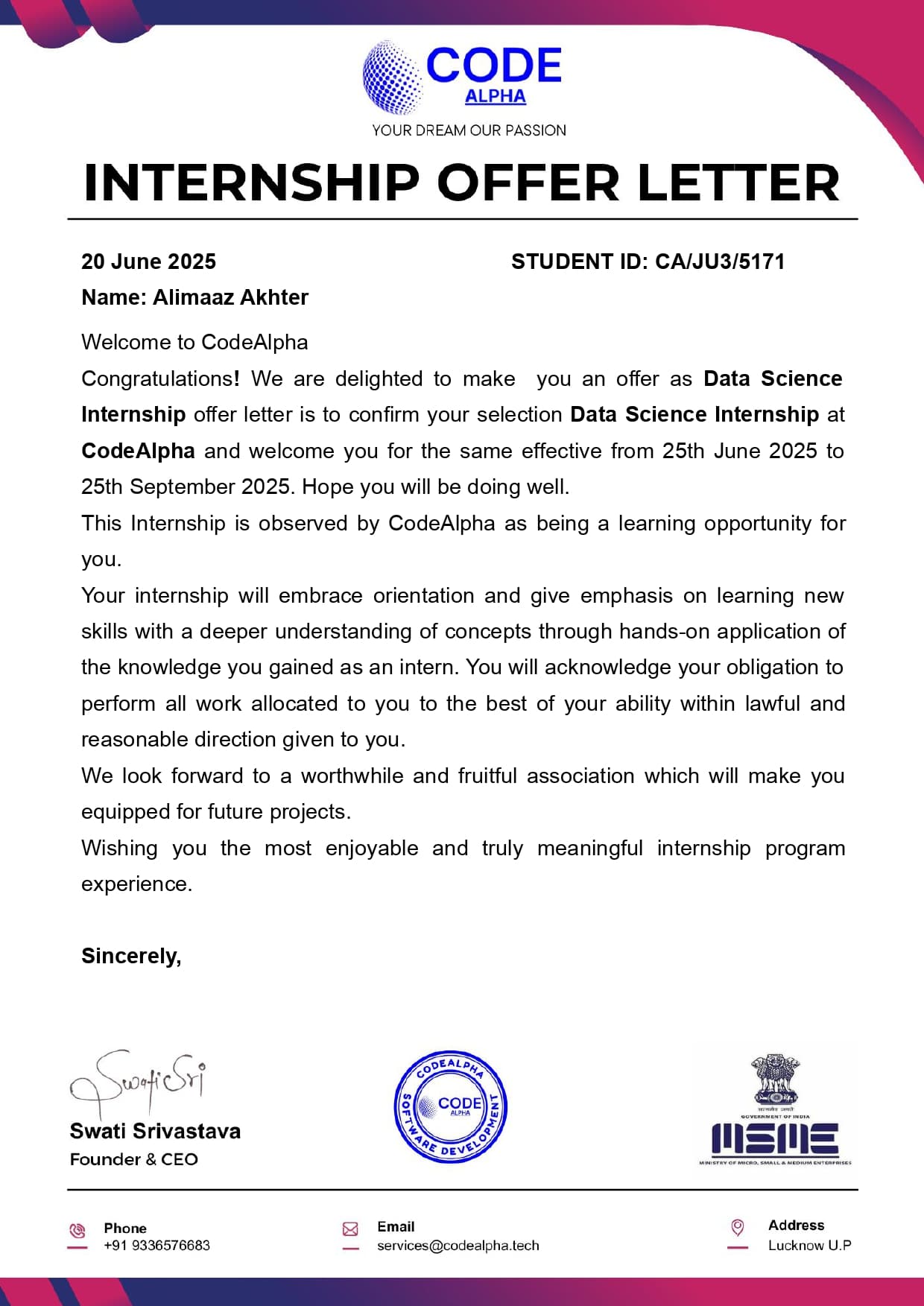 CodeAlpha Offer Letter